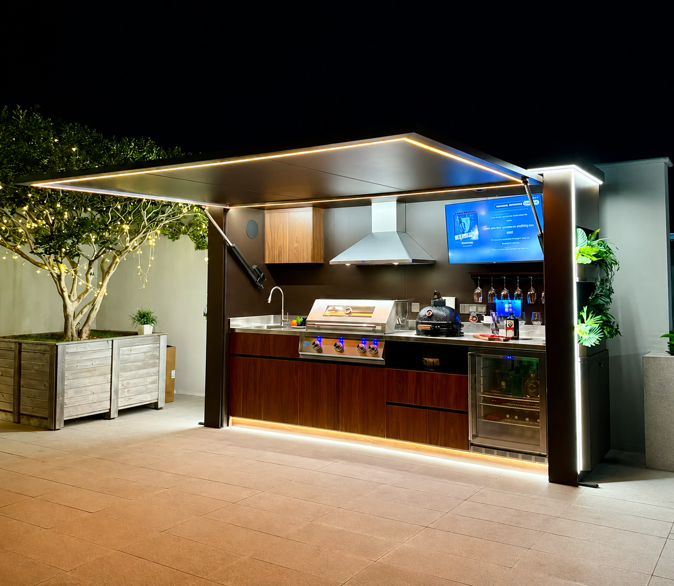 FLAMMENWERK Outdoor Kitchen Pod — Atmosphäre bei Abendlicht